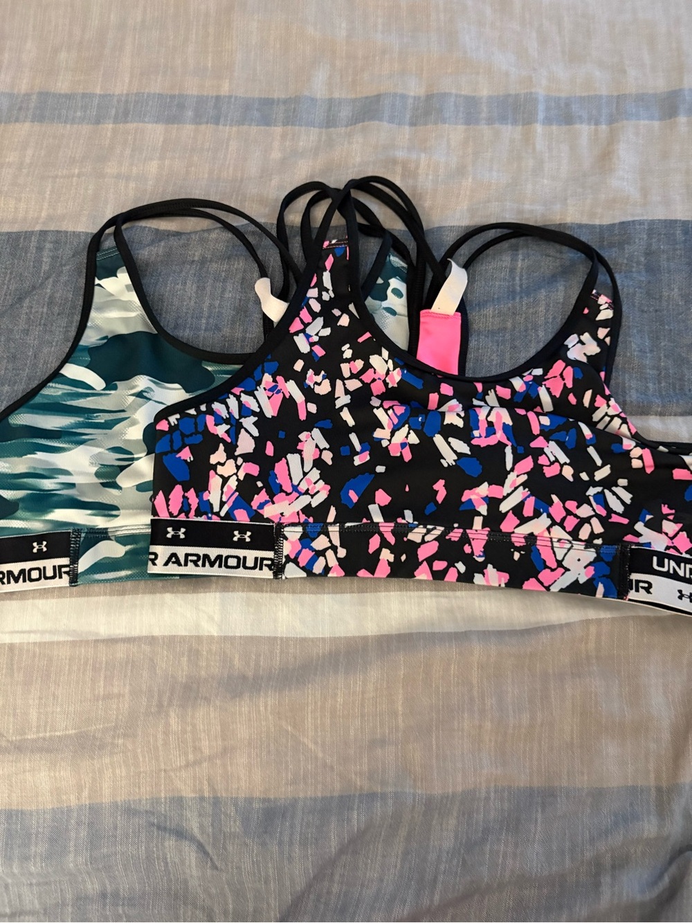 Under Armour Black Sports Bra with Pink, Blue & White Confetti Print